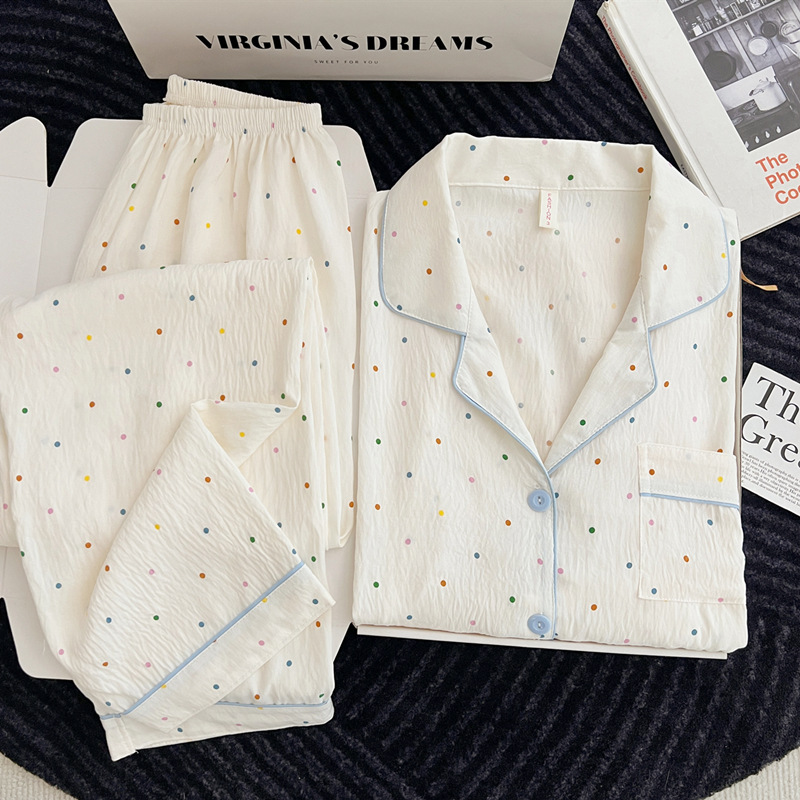 Soft and fluffy women's pajamas for spring, autumn, and summer, cloud-patterned, made of pure cotton and cotton gauze, long-sleeved, cute, plus-size, loose-fitting home wear set
