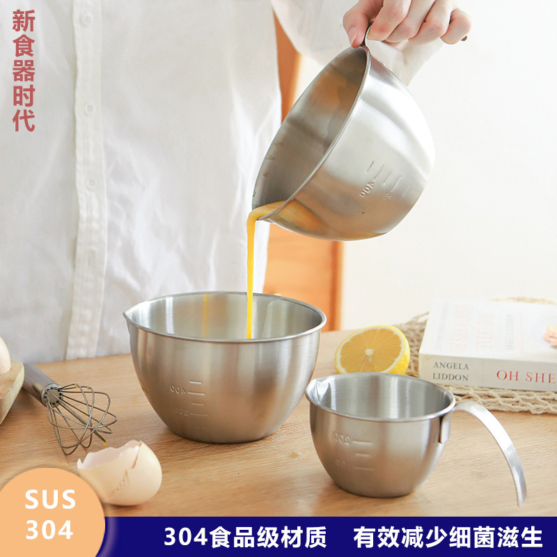 304 ステンレス鋼のミキシングボウルと箸、ミニ目盛り付き V 字型口サラダボウル、食品グレードの家庭用キッチンベーキングセット|undefined