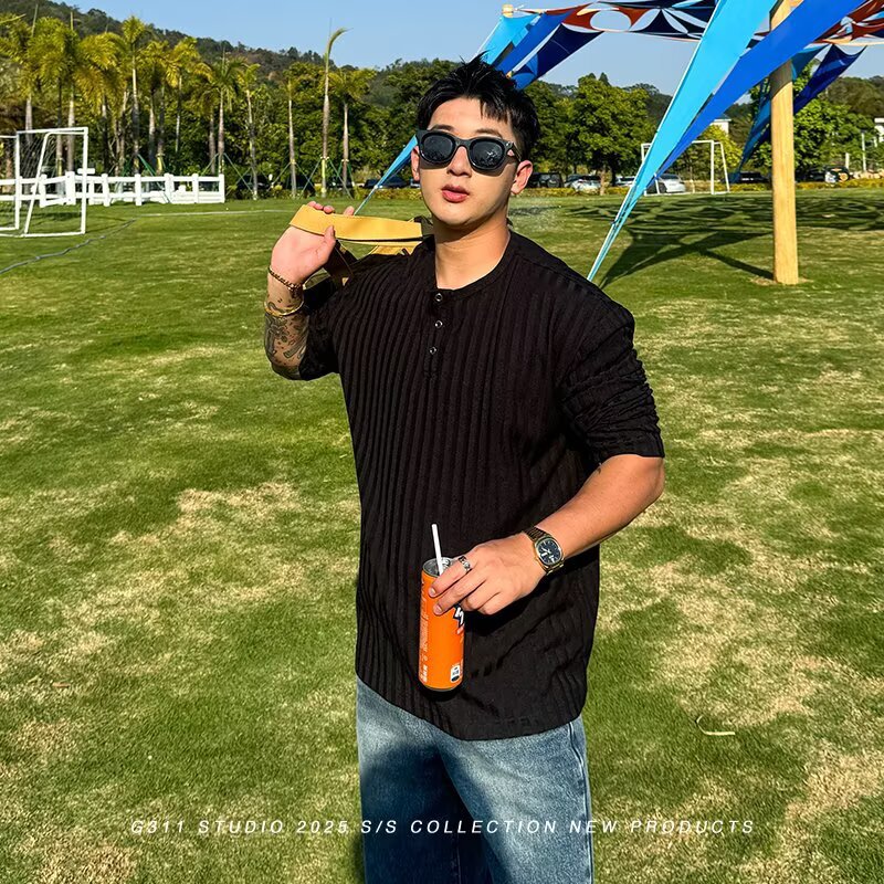 Men's Henley Collar Knit Sweater with Suit, Twisted Rope Slim Fit Casual Versatile Workwear Wool Henley Shirt