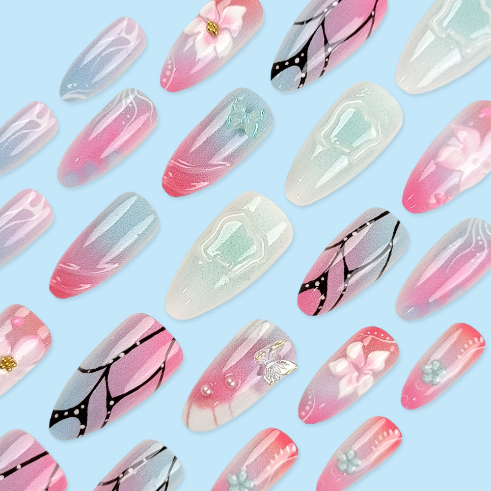 Diamantes transfronterizos nueva armadura portátil 3D en relieve tridimensional flor mariposa uñas postizas 24 piezas manicura al por mayor