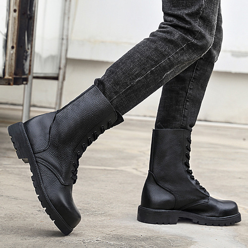 Top-Grade Calfskin Martin Boots for Men, Genuine Leather Boots with British Style, High-Collar Work Boots for Autumn and Winter, Mid-Collar Military Style Boots for Men