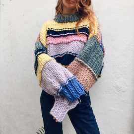 2022欧美秋冬新款彩虹条纹毛衣撞色拼接慵懒宽松开衫外套女Knit