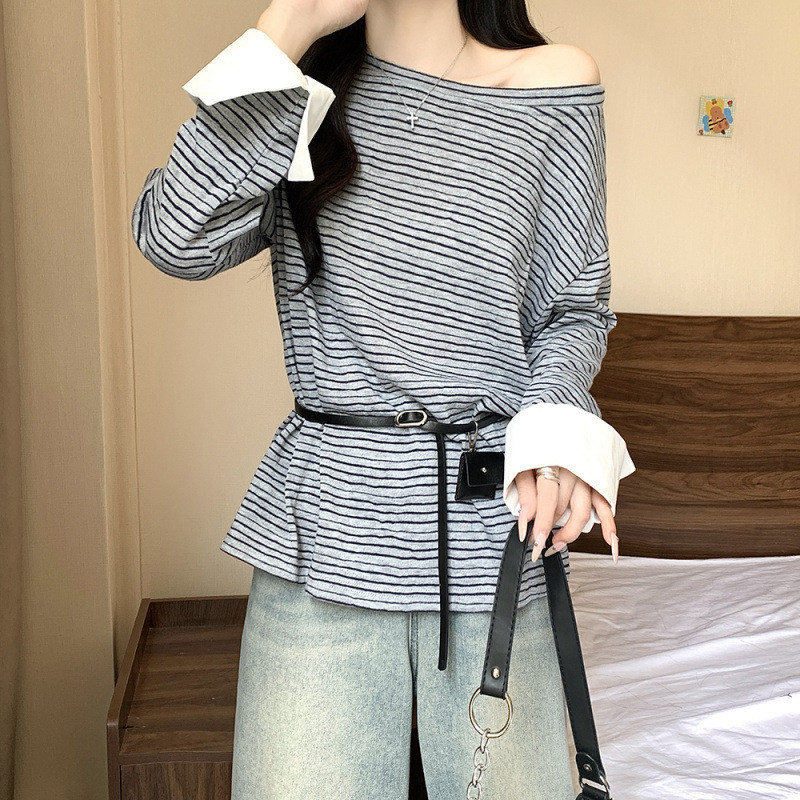 大码女装2025夏季新款胖mm韩版条纹露肩宽松长袖腰带遮肉上衣|undefined