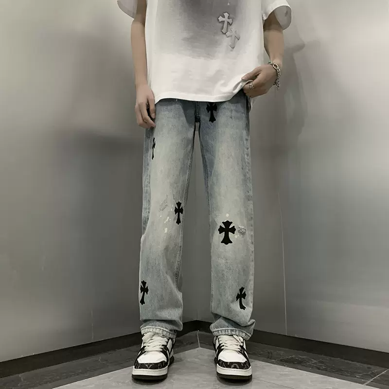 潮牌十字架牛仔裤男春季高街休闲个性学生帅气百搭阔腿拖地长裤子