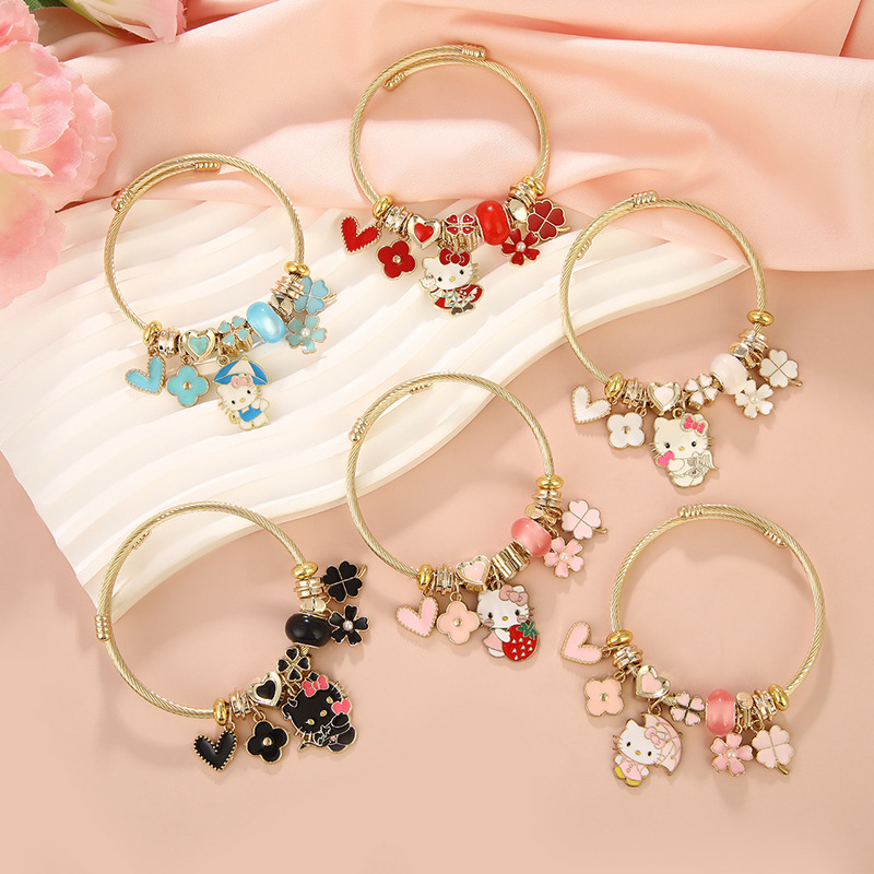 Korean-Style Cartoon Hello Kitty Stainless Steel Beaded Bracelet with Cute Hello Kitty Pendant for Girls