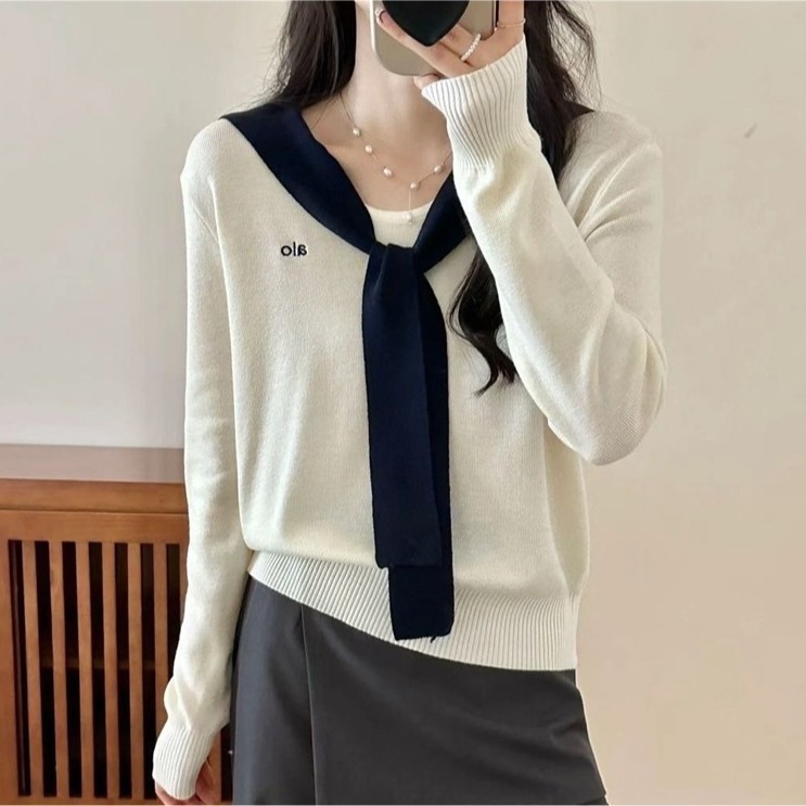 慵懒风V领假两件针织打底衫女2025早秋新款设计感披肩长袖上衣|undefined