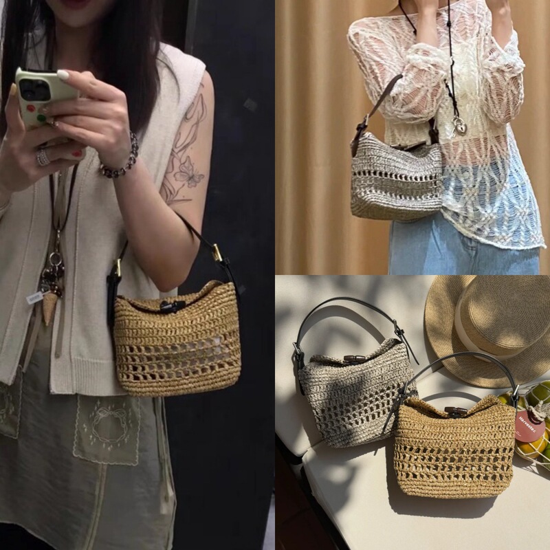 Top Layer Cowhide Stitching Lafite Straw Bag Lunch Box Bag Bucket Bag Handbag Fashionable All-match Shoulder Crossbody Bag for Women
