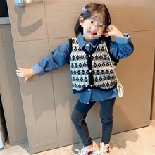 女童套装格子毛衣背心加牛仔单排扣衬衫25春秋装新款外贸童装代发