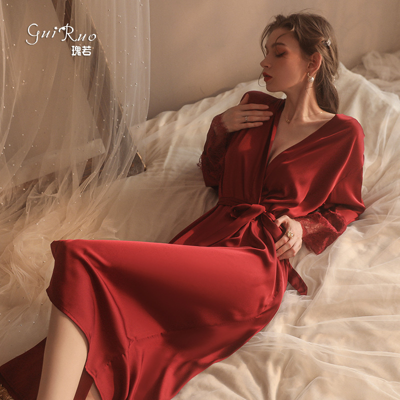 Gui Ruo Long Cardigan Belt Silk Satin Cuff Lace Loose Comfortable Bathrobe 19960 for Home Gui Ruo Long Cardigan Belt Silk Satin Cuff Lace Loose Comfortable Bathrobe 19960 for Home