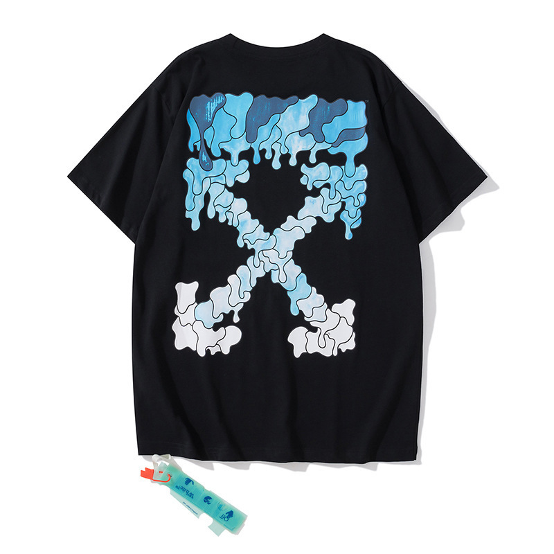卸売オフ半袖owファッションブランド溶解矢印グラデーション星空スプラッシュインクTシャツ3Dプリント警告線カップル着用|undefined