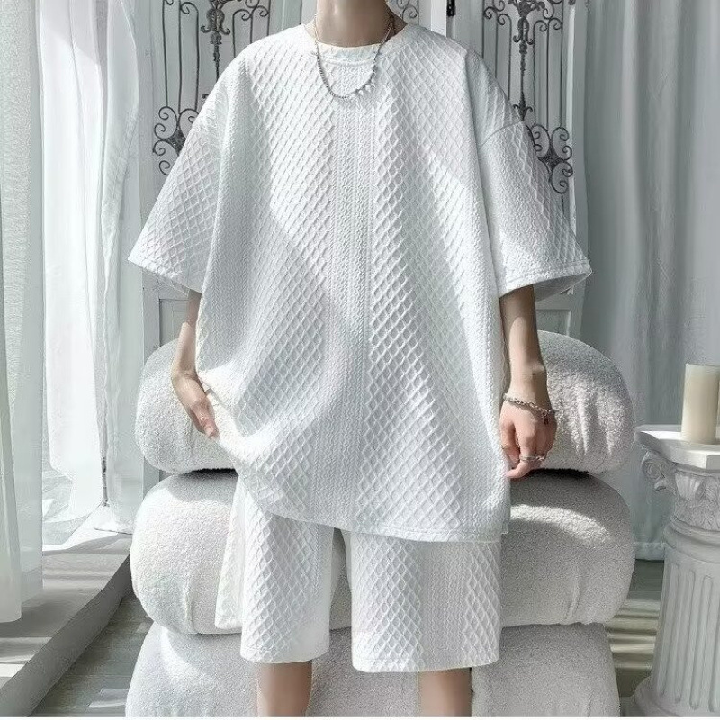 Solid color heavyweight men's summer suit, plus size, youthful design, short-sleeved shirt and shorts two-piece set