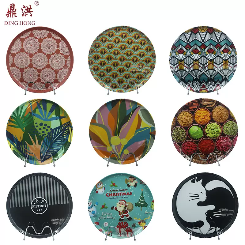 厂批发密胺加厚仿瓷圆形托盘欧式家用茶水盘茶杯收纳盘水果塑料盘