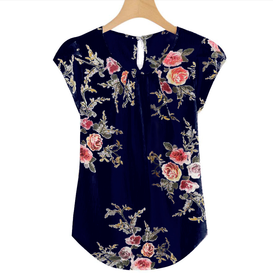 Cross-border 2025 camisa de cuello redondo casual de mujer flor de pliegue delgada venta rápida TONGWISH impresión camisa de manga corta image 10