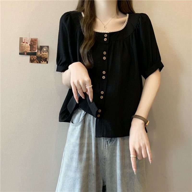 Plus-Size Lace Slimming Shirt That Hides the Belly and Reduces Age Appearance, Sweet Short-Sleeve Blouse for Women, Summer Loose Fit