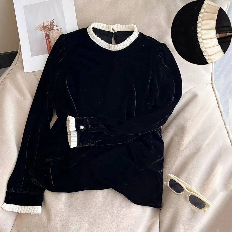 Elegant Velvet Shirt for Women 2023 Autumn and Winter with Ruffled Edges, Beaded Stitching, Trendy 3D Pattern, Long Sleeves