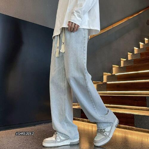 Vintage American Straight Leg Men's Loose Trendy Wide Leg Relaxed Long Pants with Drawstring