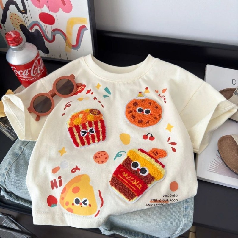 【親子ウェア】子供用半袖Tシャツ 人気スナックパーティー コーラフライドポテト 夏風 ゆったりコットン半袖|undefined