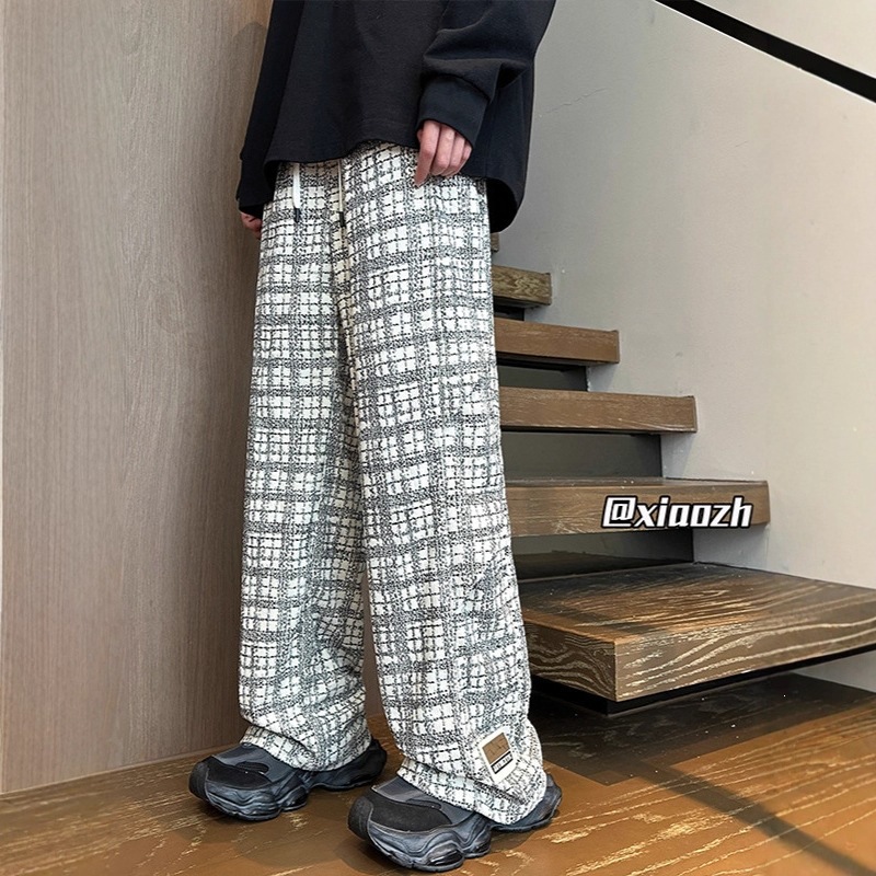 Galería americana retro japonesa suelta pantalones a cuadros para mujeres super caliente primavera y otoño de piernas anchas tendencia recta pantalones casuales para hombres