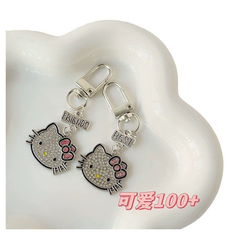 KT Cat Keychain Pendant, Cute Diamond-Mosaic Charm, Silver-Tone, 6×8×2 cm