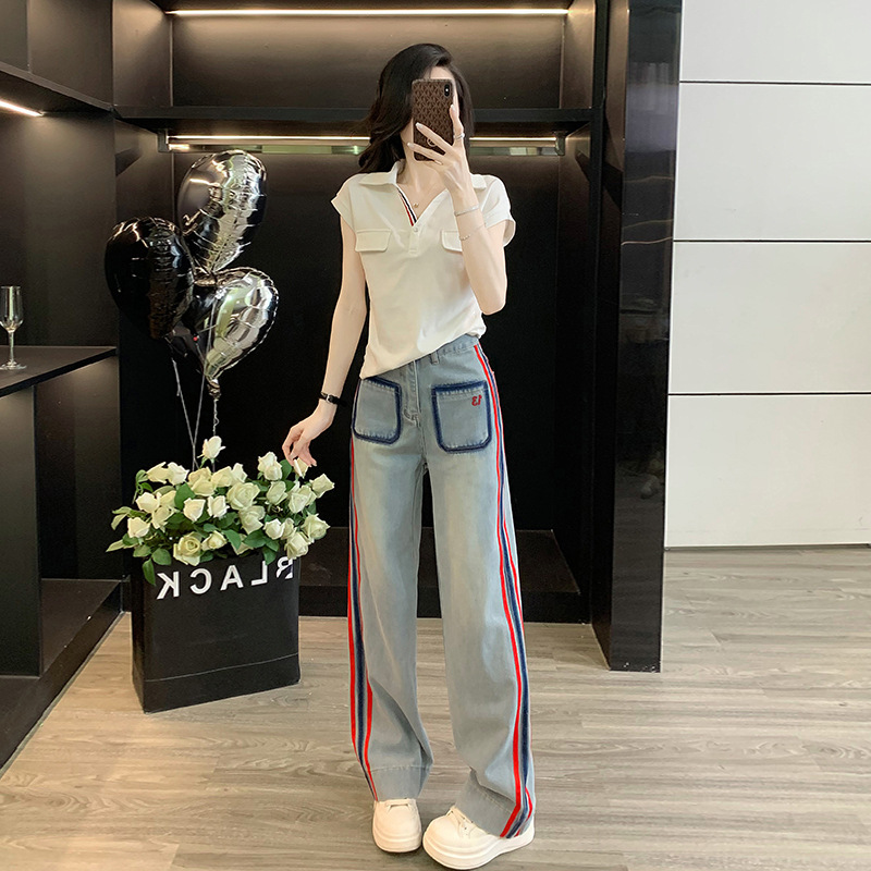 Fashion Casual Sports Suit Women's Summer New Sleeveless Lapel Short-Sleeved T-Shirt Top Denim Wide-Leg Pants Two-Piece Set