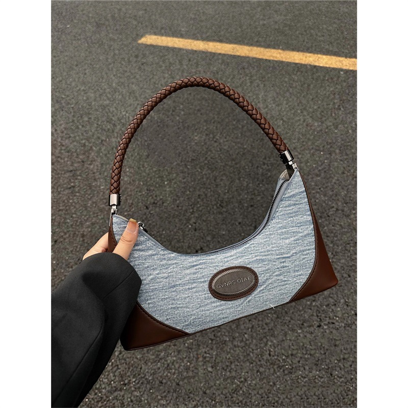 Denim Canvas Baguette Bag For Work Commute, Women's Single Shoulder Bag 2025 New Niche Design Handheld Underarm Bag - Thumbnail 3