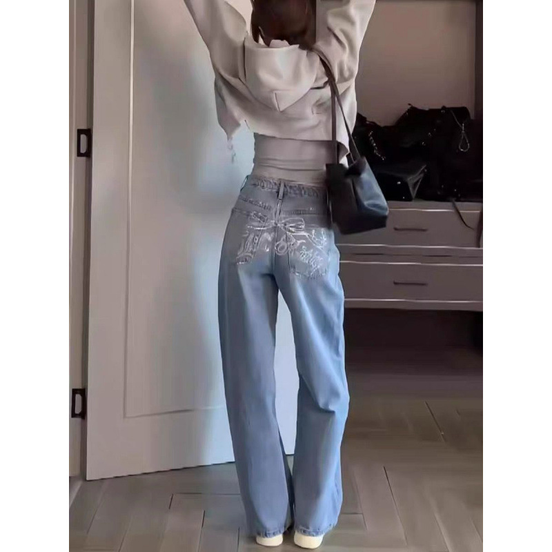 美式复古重工烫钻蝴蝶结牛仔裤女2025新款高腰显瘦直筒阔腿长裤子|undefined
