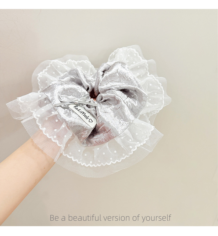 South Korea Dongdaemun Ins Ballet Bow silver Pu Leather Lace Large Intestine Hair Band Hair Accessories