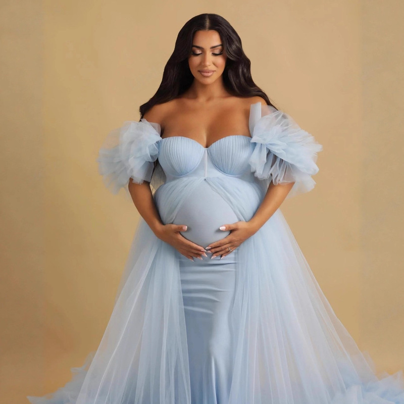 2026 Cross-Border Foreign Trade Hot-Selling New Maternity Mesh Dress Photo Shoot Gown with Heart-Shaped See-Through Design, Available in Multiple Colors, Can Be Used as Party Wear