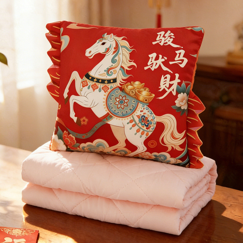 말띠 해 프린트 쿠션 담요 - 레드