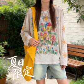 原版面料防晒复古涂鸦印花长袖T恤女夏季宽松薄款中长款罩衫上衣