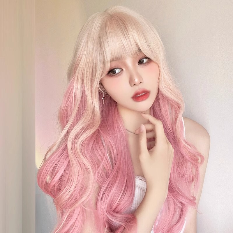 Spring Cherry Blossom Pink and White Gold Gradient Pink Long Curly Hair Long Straight Hair Internet Celebrity Lo Color Big Wave Full Wig Gradient Color