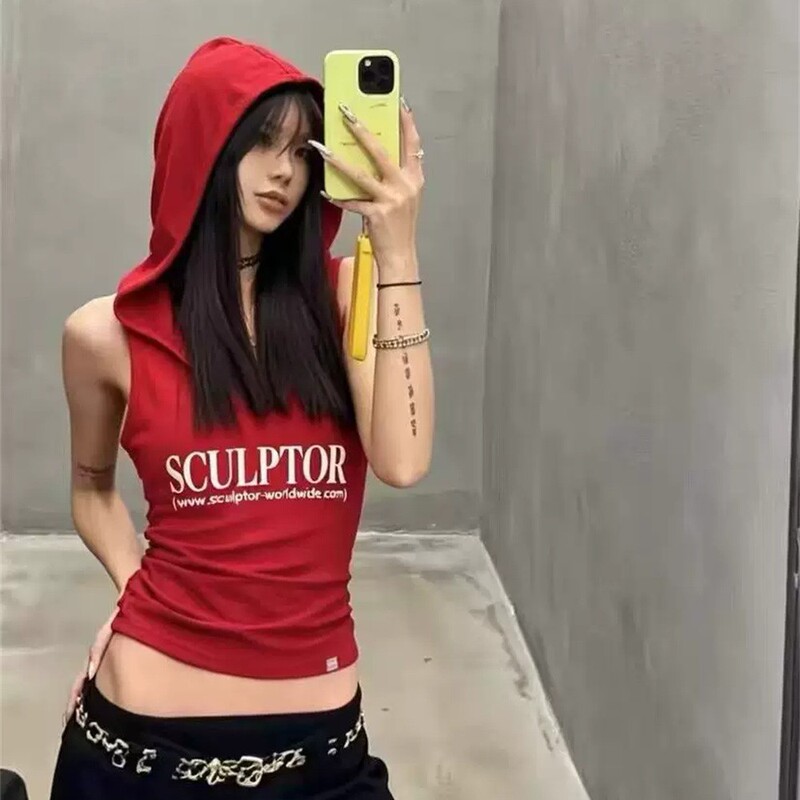 1208 # Summer hooded letter-print sleeveless tank top for women, versatile, slimming, with chest pads, suitable for outerwear