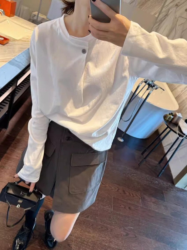 设计感小众别致长袖t恤女秋季正肩宽松白色内搭打底衫一粒扣上衣|undefined