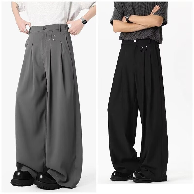 Summer High-End Black Casual Trousers for Men, Loose Fit, Drapey Straight-Leg Thin Long Pants for Commuting Summer High-End Black Casual Trousers for Men, Loose Fit, Drapey Straight-Leg Thin Long Pants for Commuting