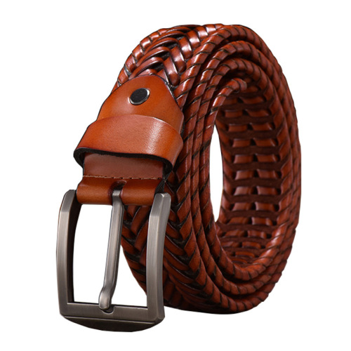 Wholesale handwoven belts for men genuine leather cowhide retro casual pin buckle hollow belt drop shipping