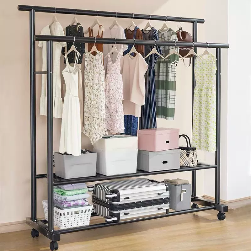 定制铁艺晾衣架落地式家用卧室阳台挂衣架双排碳钢移动室内晾衣架