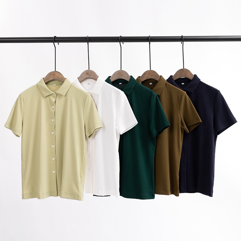 Plus Summer Simple Pure Color Lapel High Elastic Shirt Single-Breasted Square Collar Short-Sleeved Top