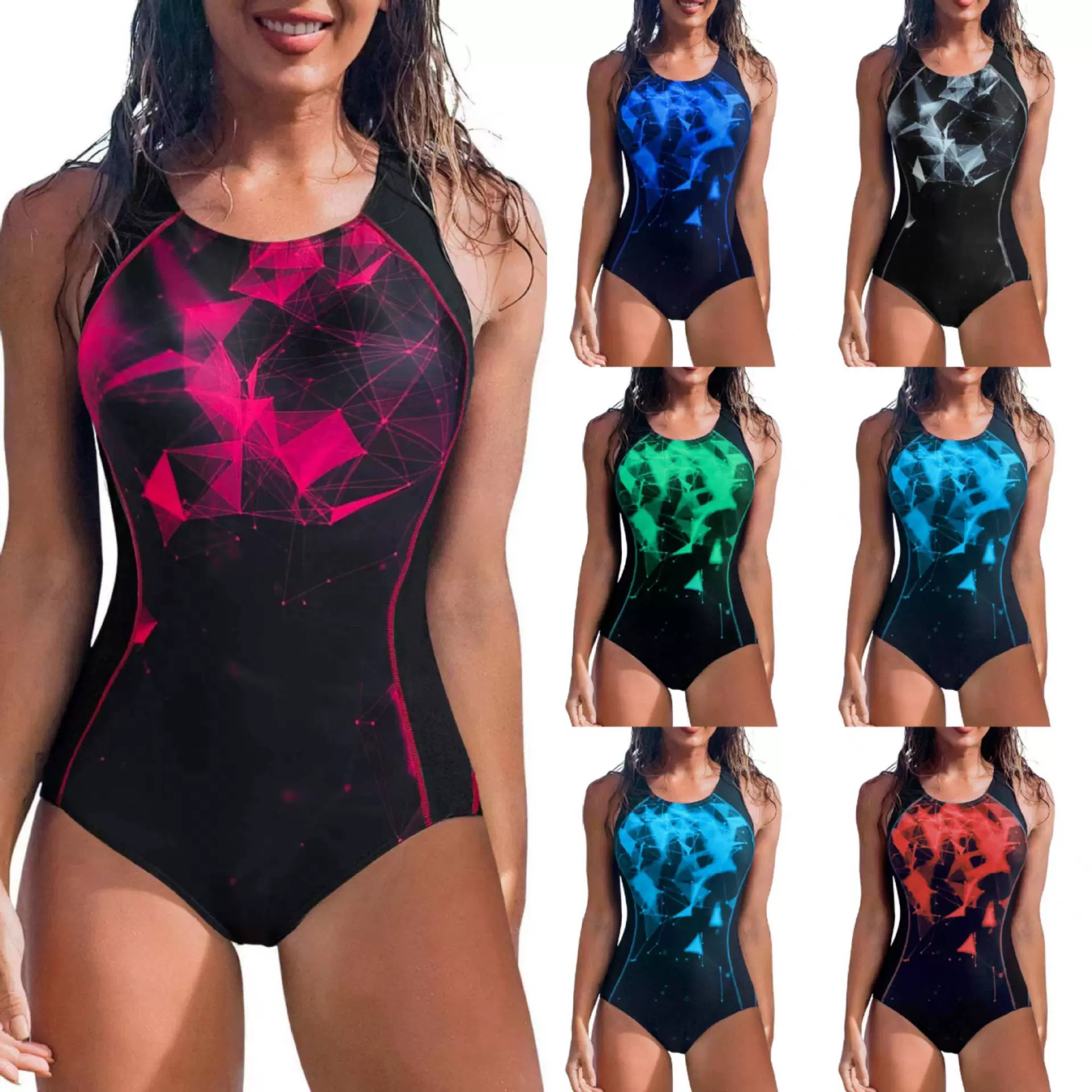 202 4欧美泳衣竞技连体纯色连体泳衣印花定版露背亚马逊双肩带泳