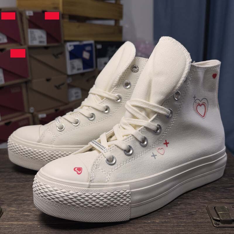 2026 New Model Height-Increasing Shoes with Thick Soles, Valentine's Day Heart-Shaped White and Pink High-Top Couple's Canvas Shoes