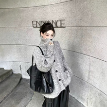 韩系灰色软糯高领开衫毛衣外套女秋冬外穿慵懒风宽松中长款针织衫