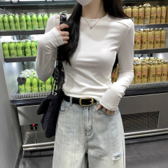 新款鱼骨线设计感长袖T恤女2025秋季chic圆领修身显瘦打底衫上衣