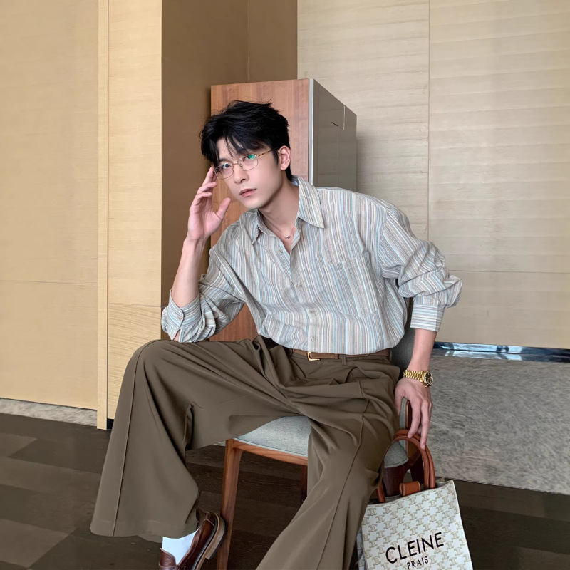 Trendy Spring and Autumn Blue Stylish Striped Vintage Shirt for Men, Loose Fit, Casual, Cool Long-Sleeve Shirt