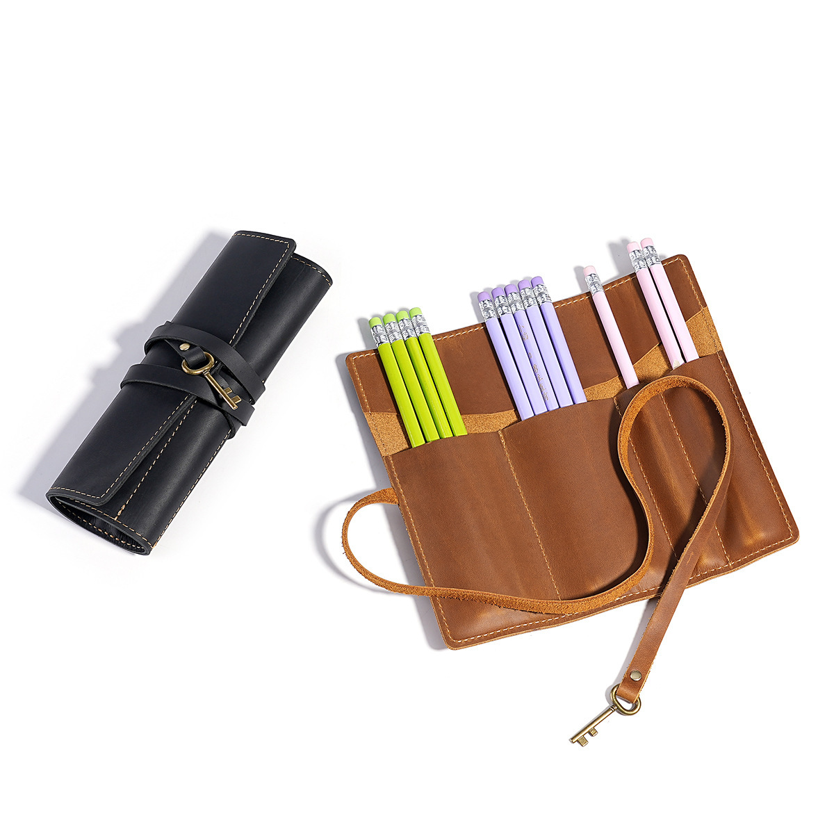 工厂货源手工个性笔袋文艺青年文具钢笔收纳袋新款头层牛皮收纳包