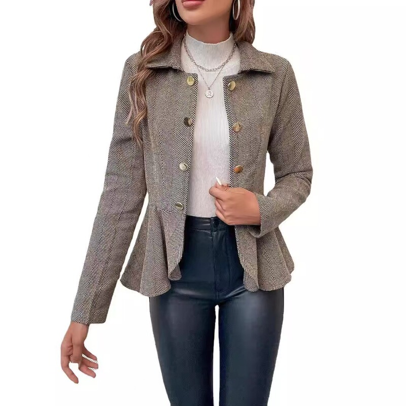 European and American foreign trade cross-border women's clothing: collared, jacquard, ruffled, slim-fit, double-breasted, elegant office blazer