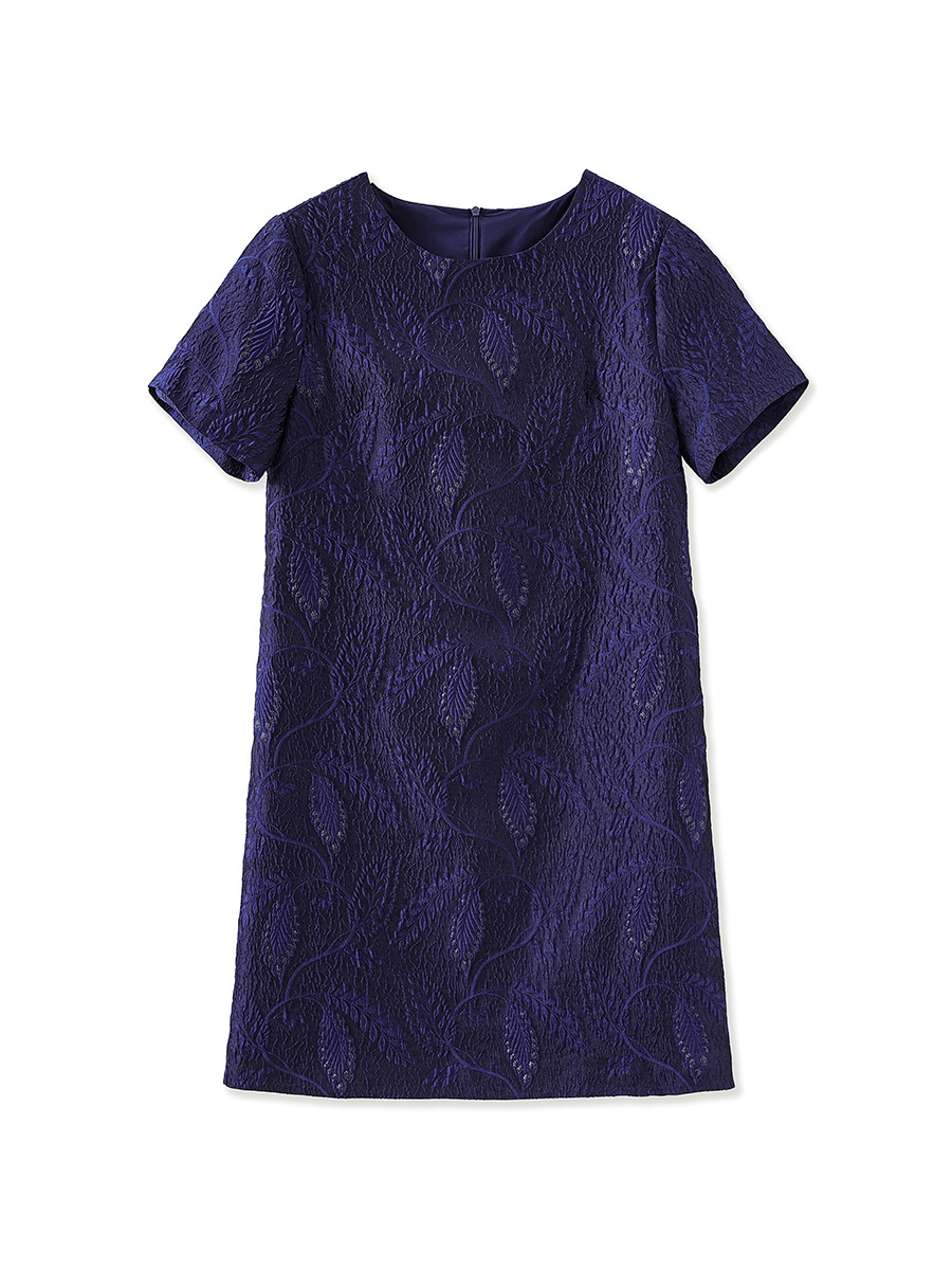 Váy ngắn tay nữ họa tiết jacquard mạ vàng phù điêu thanh lịch — Màu xanh lam