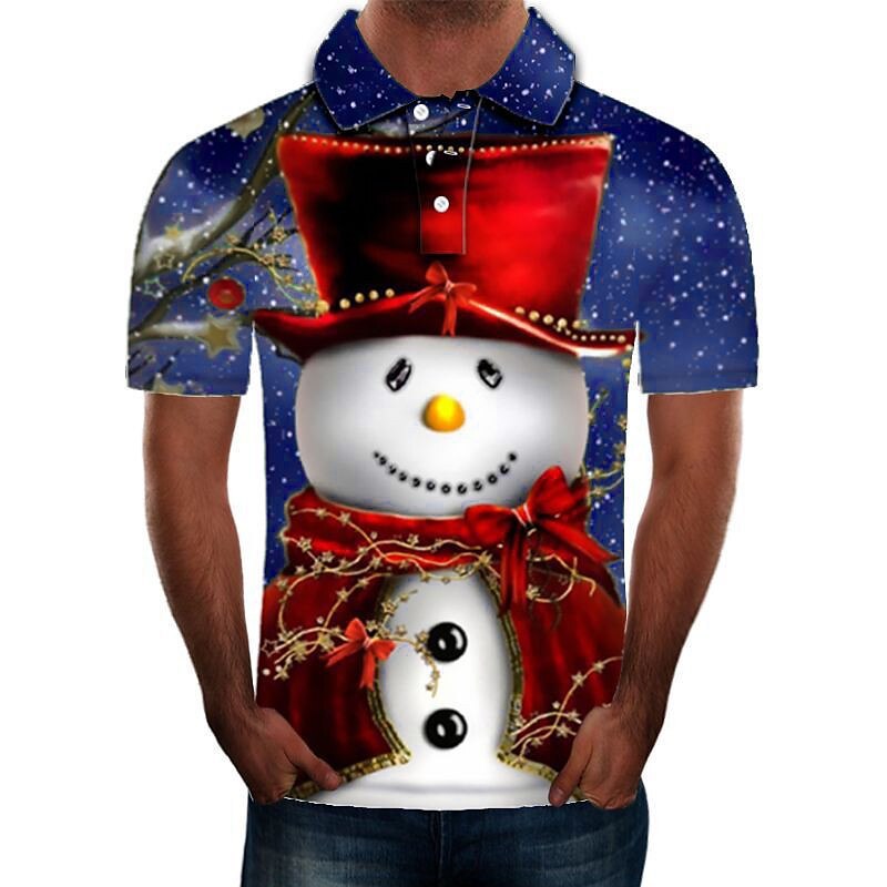 跨境圣诞节雪人3D印花男式Polo衫翻领POLO衫高尔夫球衫时尚休闲