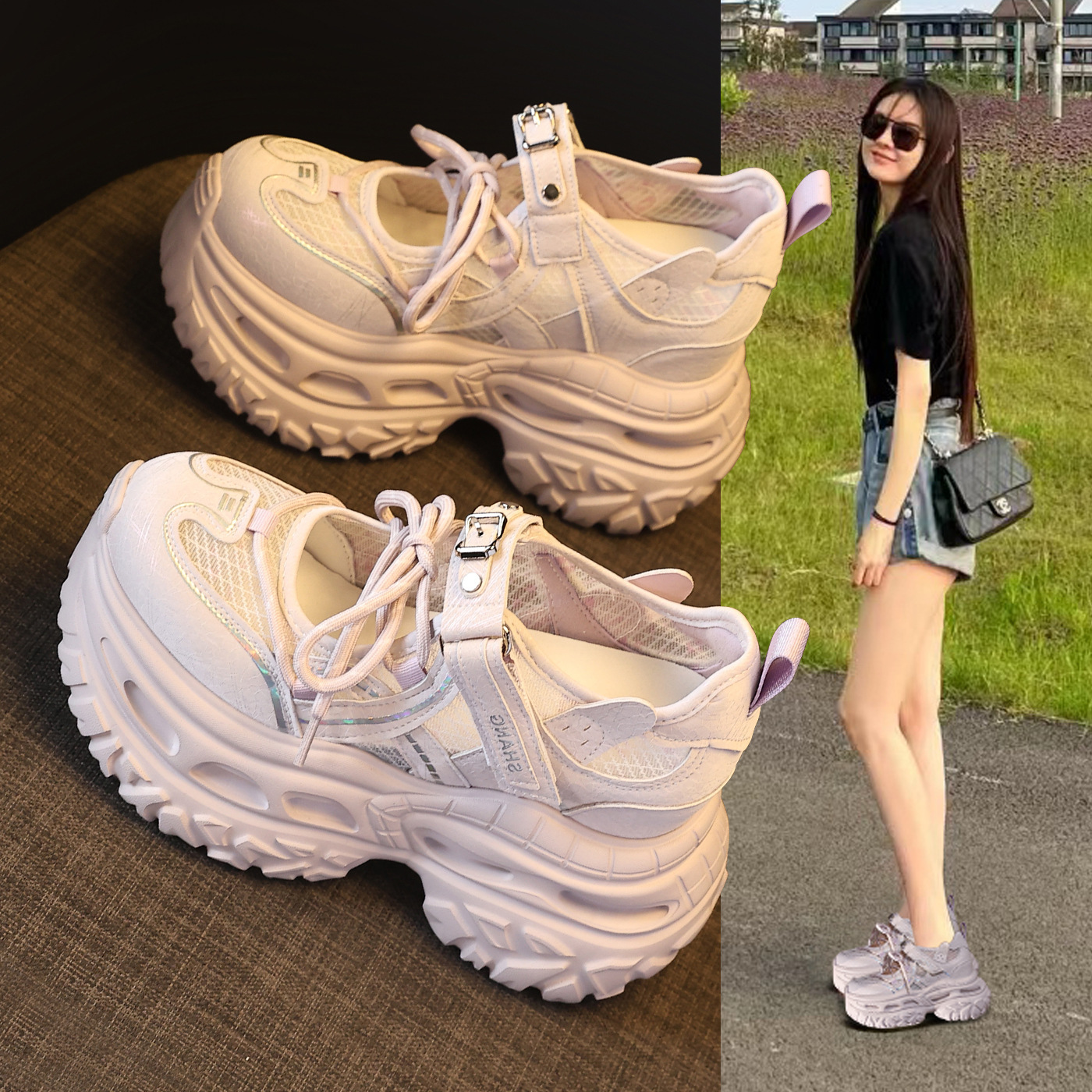Giày sneaker nữ chunky đế dày lưới thoáng khí tăng chiều cao — màu tím