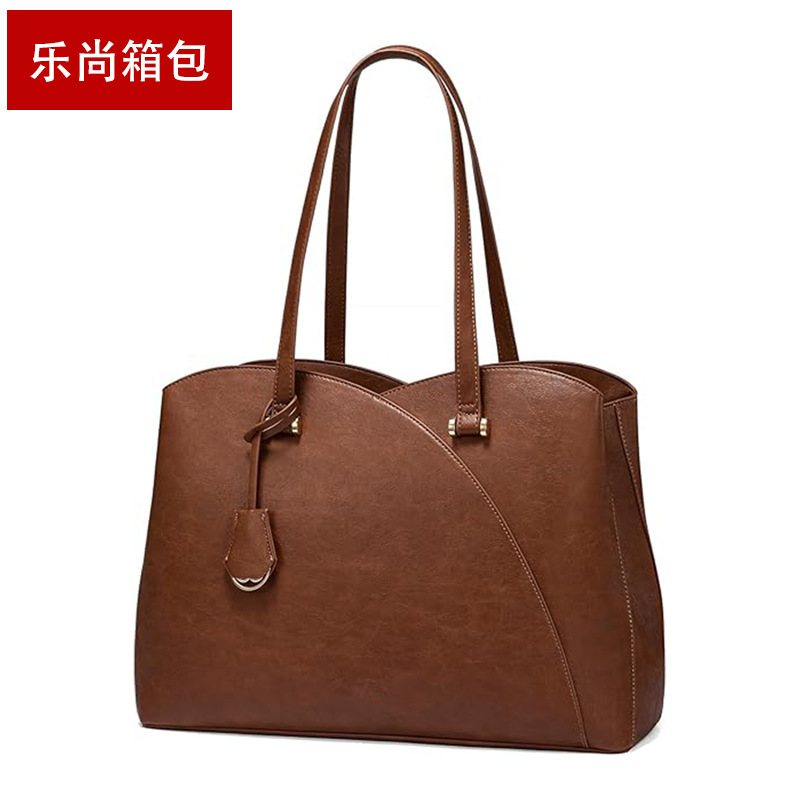 Genuine Leather Laptop 17inch Women's Large Capacity Handbag Work Bag Trendy Easiest for Match Contrast Color Briefcase