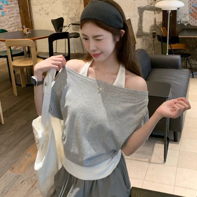 夏レトロアメリカングレーホルターネックフェイクツーピース半袖Tシャツレディース夏カジュアルルーズ万能オフショルダートップ|undefined