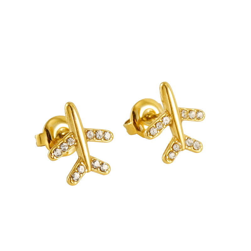Pendientes de perlas elegantes simples de acero inoxidable 18K para mujeres pendientes de aviones tridimensionales de diamante de acero de titanio de moda de estilo europeo y americano